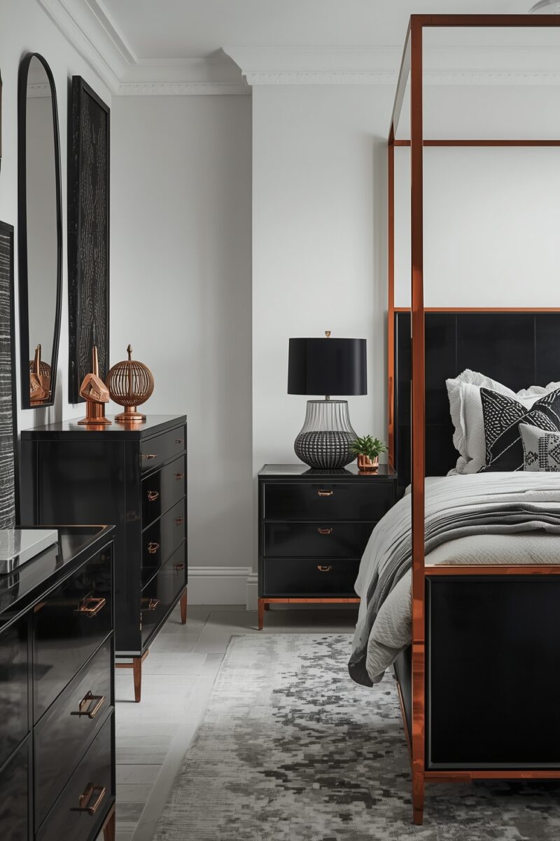 Luxury bedroom with copper four-poster bed, black dressers with brass hardware, and black table lamp on nightstand