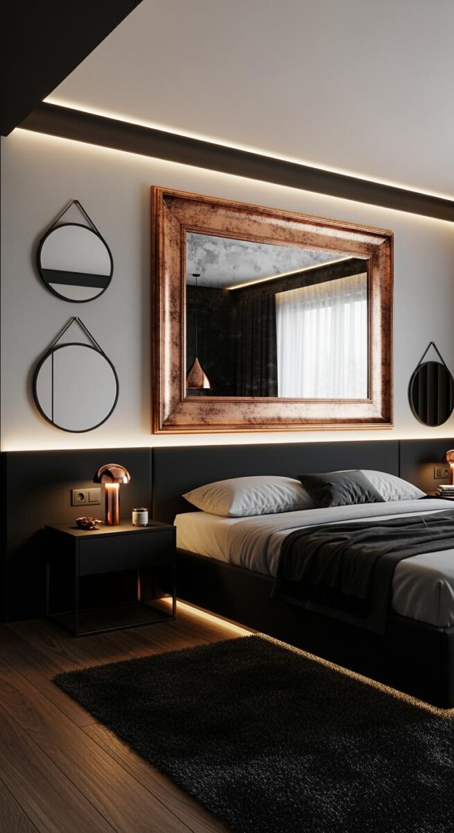 Modern dark luxury bedroom with copper-framed mirror, round wall mirrors, black nightstand, and warm LED lighting