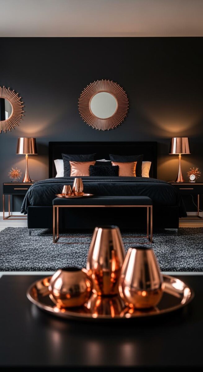 Luxury black bedroom with copper rose gold sunburst mirrors, metallic lamps, velvet bedding and decorative accents