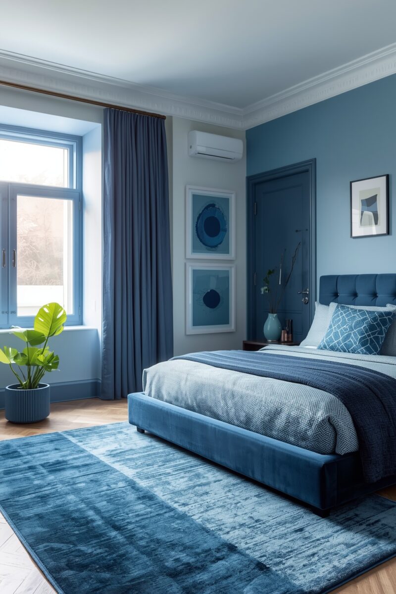 Modern blue bedroom with tufted velvet bed, blue rug, framed wall art, monstera plant, and large window with navy curtains