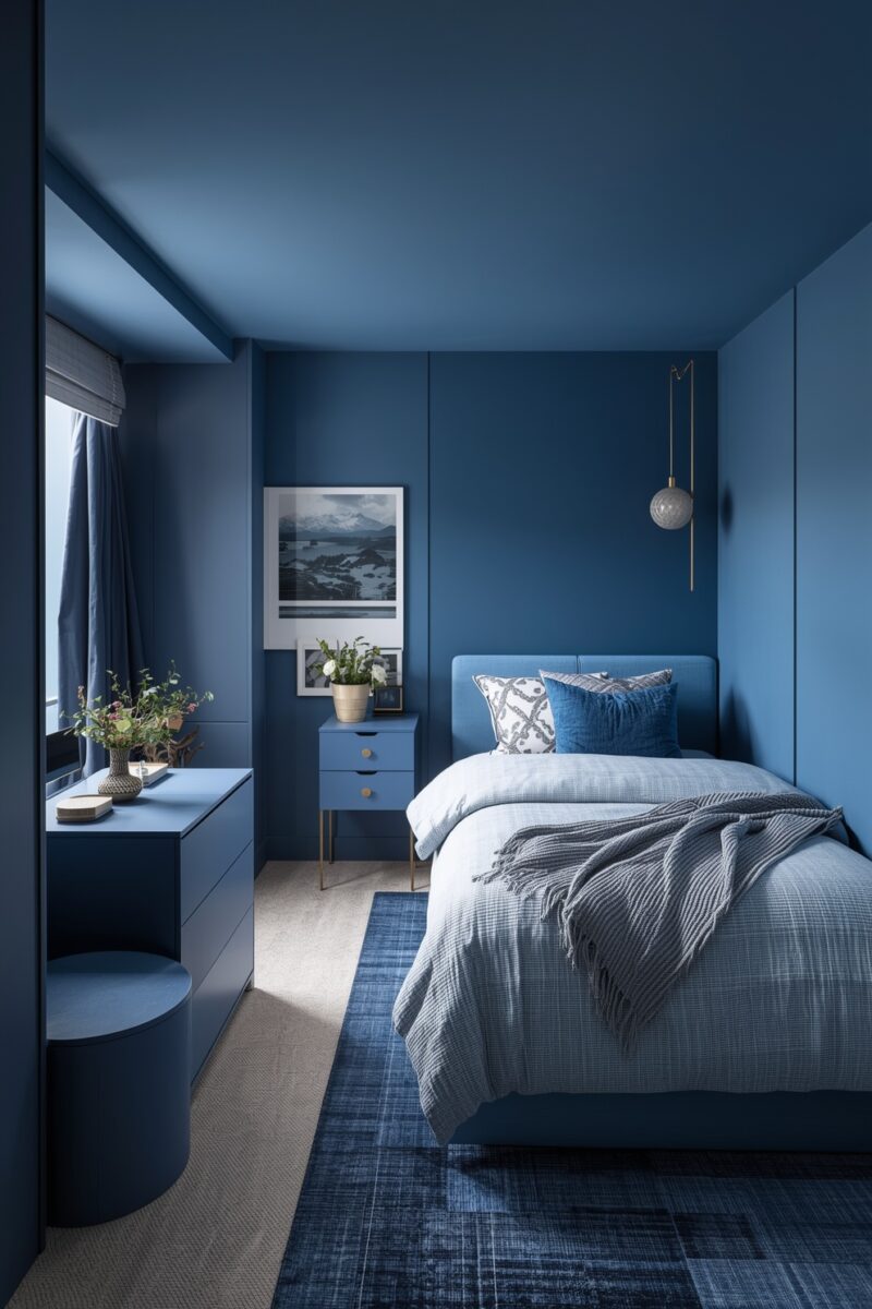 Modern blue monochromatic bedroom with upholstered headboard, blue walls, pendant light, and layered bedding