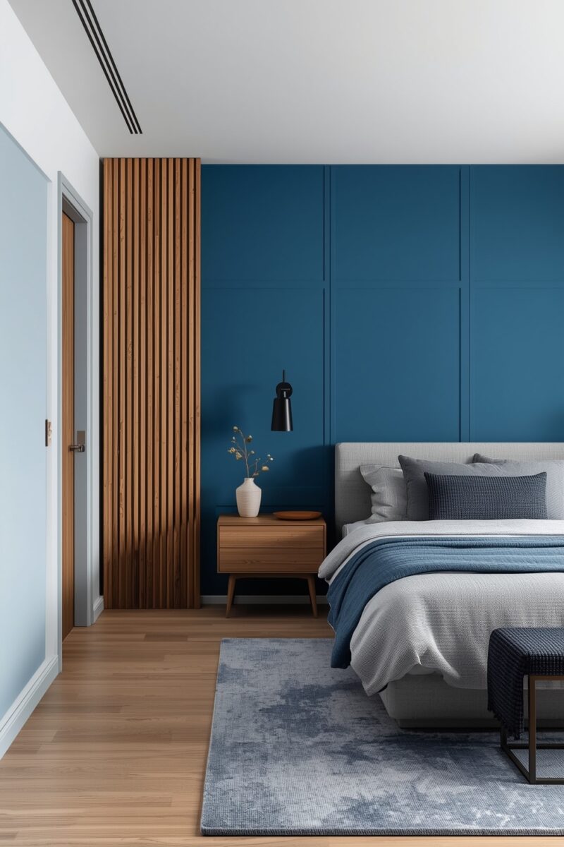 Modern bedroom with deep blue accent wall, wood slat panel, gray upholstered bed, and mid-century walnut nightstand