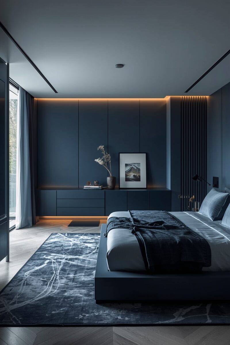 Modern luxury bedroom with navy blue walls, platform bed, ambient LED lighting, and marble-patterned area rug