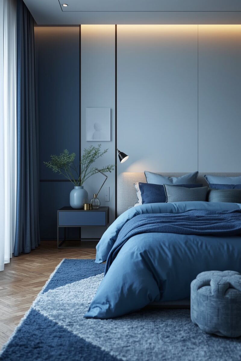 Modern minimalist bedroom with blue bedding, herringbone wood floor, and soft ambient lighting