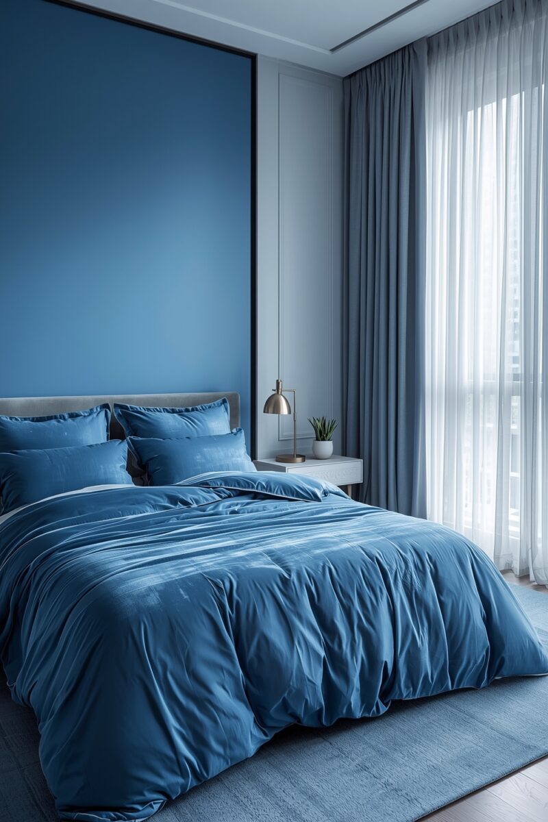 Modern bedroom with blue bedding, matching blue accent wall, gold lamp, and sheer white curtains