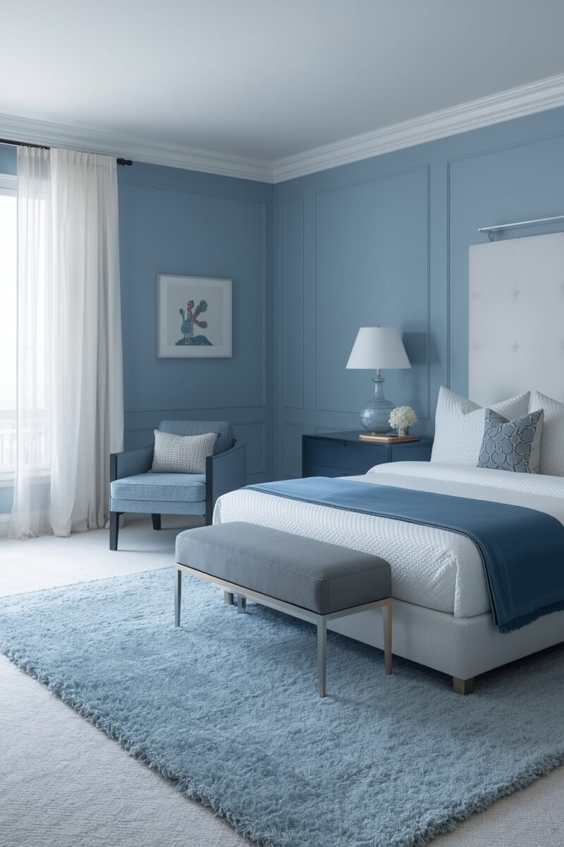 Elegant blue and white bedroom with tufted headboard, blue accent throw, armchair, and light blue shag rug