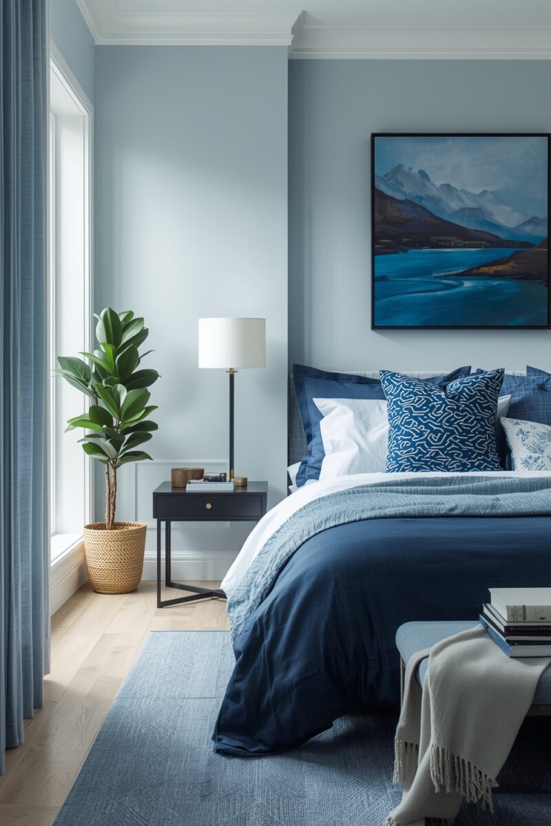 Elegant blue bedroom with navy bedding, decorative pillows, fiddle leaf fig plant, and mountain landscape wall art