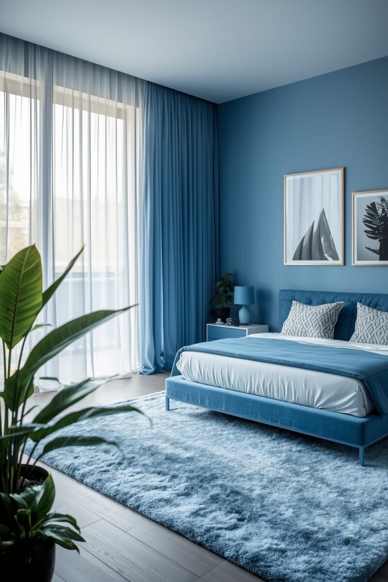 Modern blue bedroom with velvet platform bed, sheer curtains, fluffy rug, tropical plant, and framed wall art