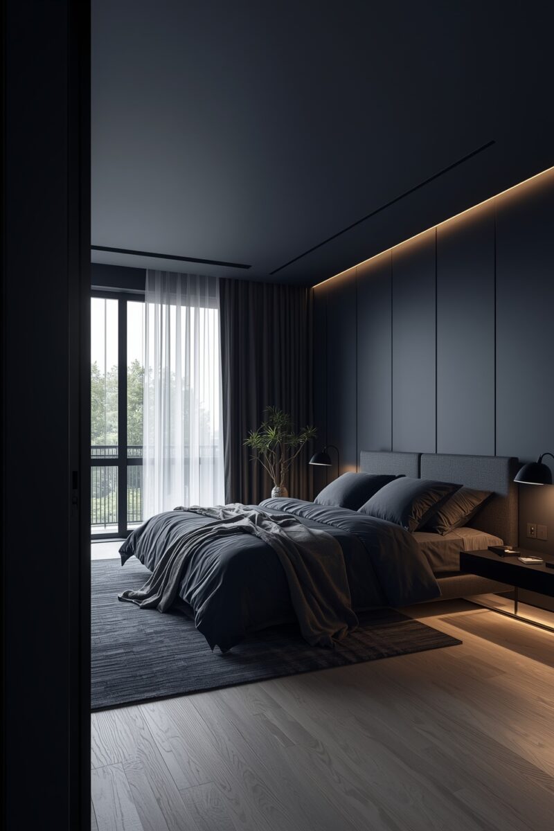 Modern dark minimalist bedroom with navy walls, grey bedding, warm LED lighting, and floor-to-ceiling windows
