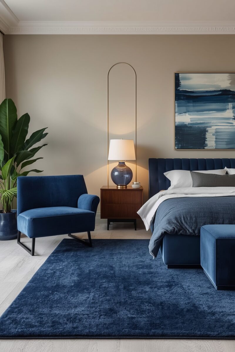 Elegant navy blue bedroom with velvet headboard, accent chair, deep blue rug, walnut nightstand, and abstract wall art