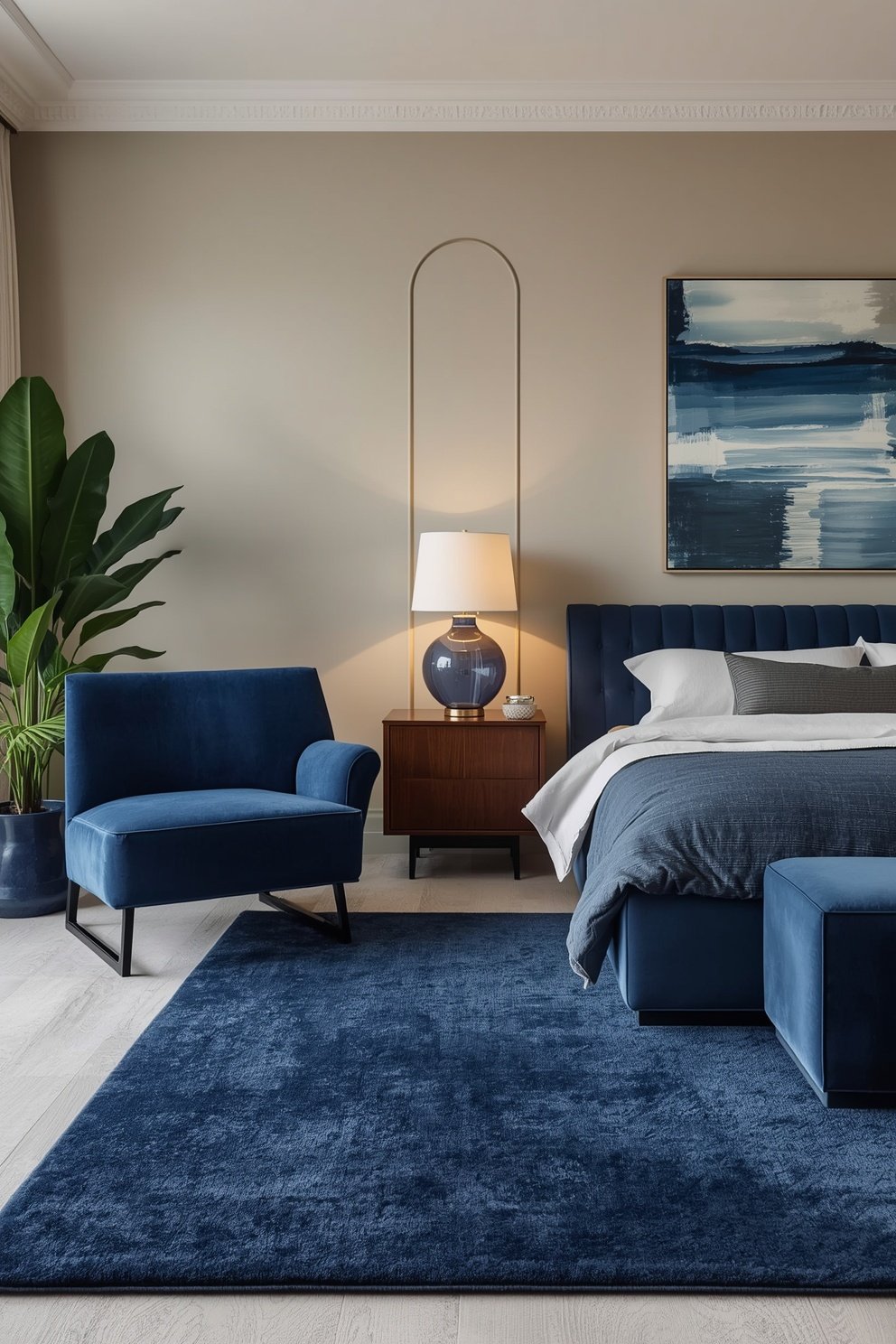 Elegant navy blue bedroom with velvet headboard, accent chair, deep blue rug, walnut nightstand, and abstract wall art