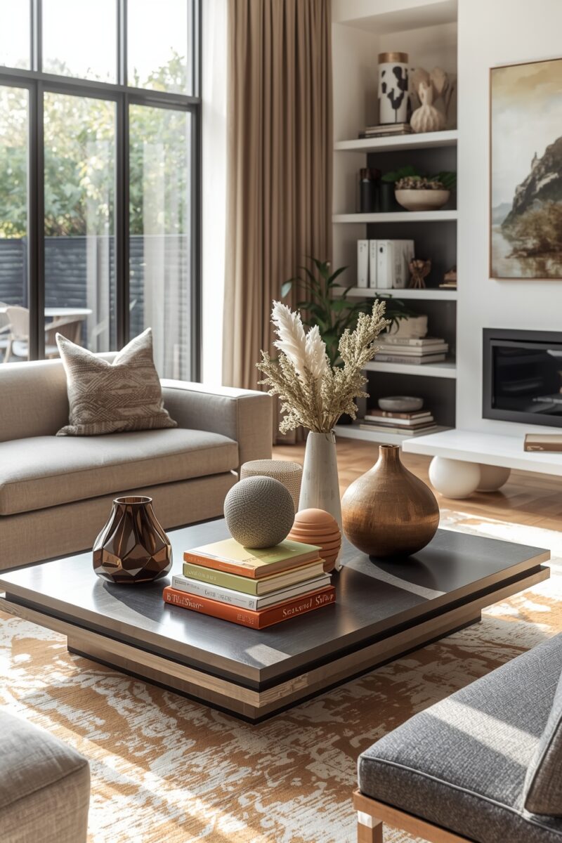 Modern living room with layered coffee table styled with vases, books, and dried botanicals