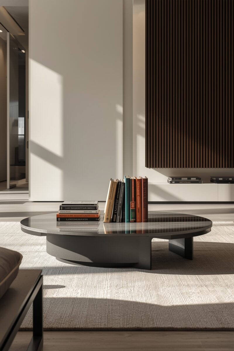 Modern round dark gray coffee table with stacked books on white textured rug in minimalist living room