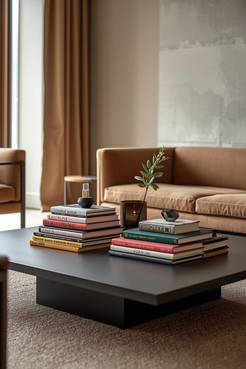 Two stacks of colorful books on a dark coffee table with a small plant, candle, and decorative objects in a modern living room