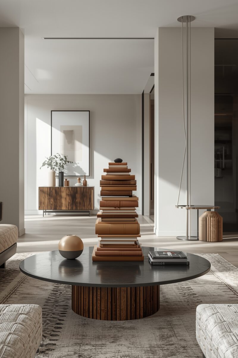 Modern minimalist living room with stacked brown leather books on dark round coffee table