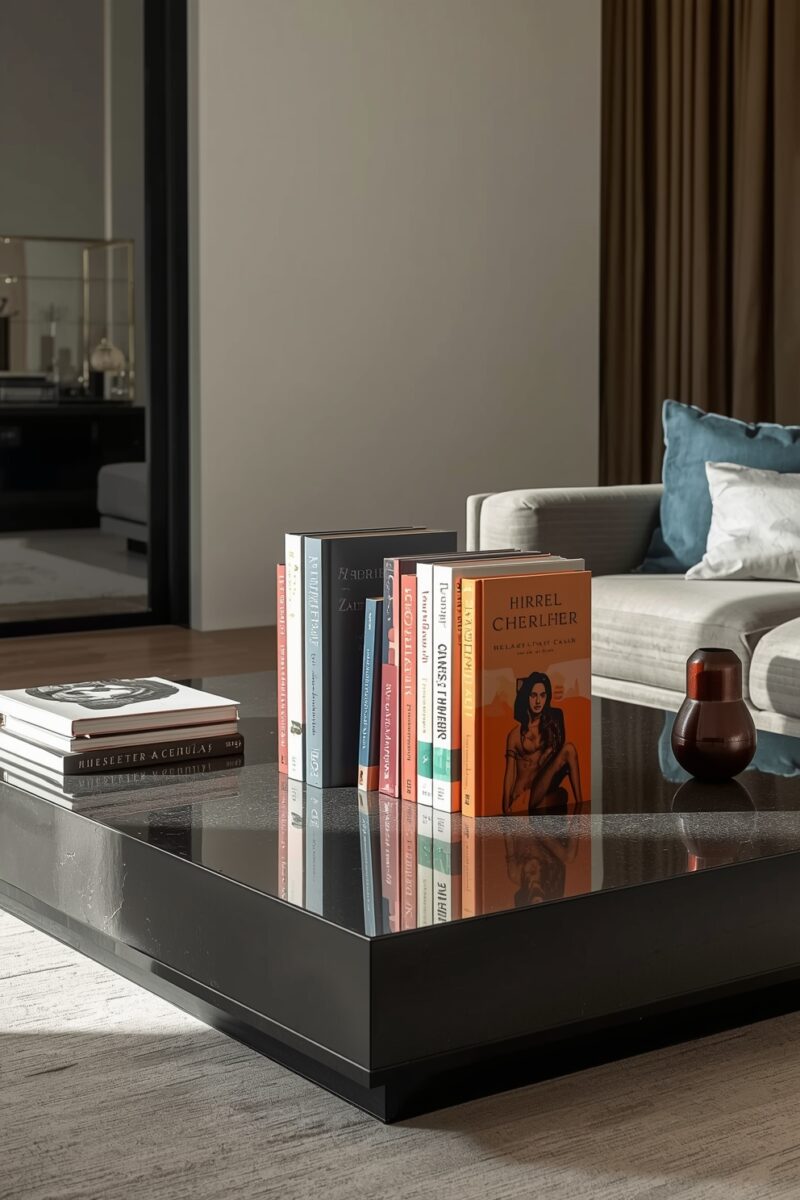 Modern black glossy coffee table with upright and stacked books, small red vase, gray sofa with blue pillows in background