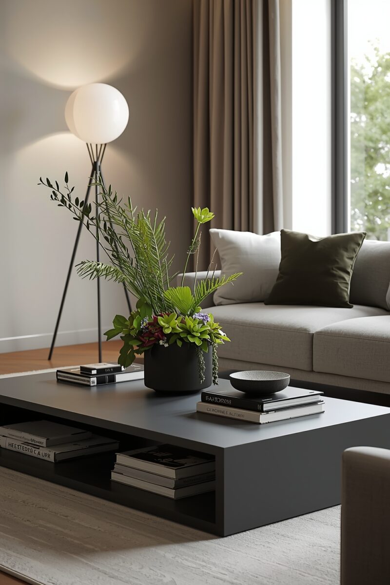 Modern living room with dark coffee table, ikebana floral arrangement, stacked books, and globe floor lamp