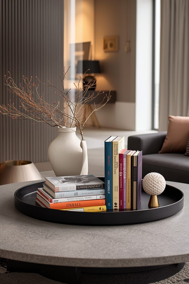 Modern coffee table styled with stacked colorful books, white ceramic vase with branches, and decorative sculpture on black tray