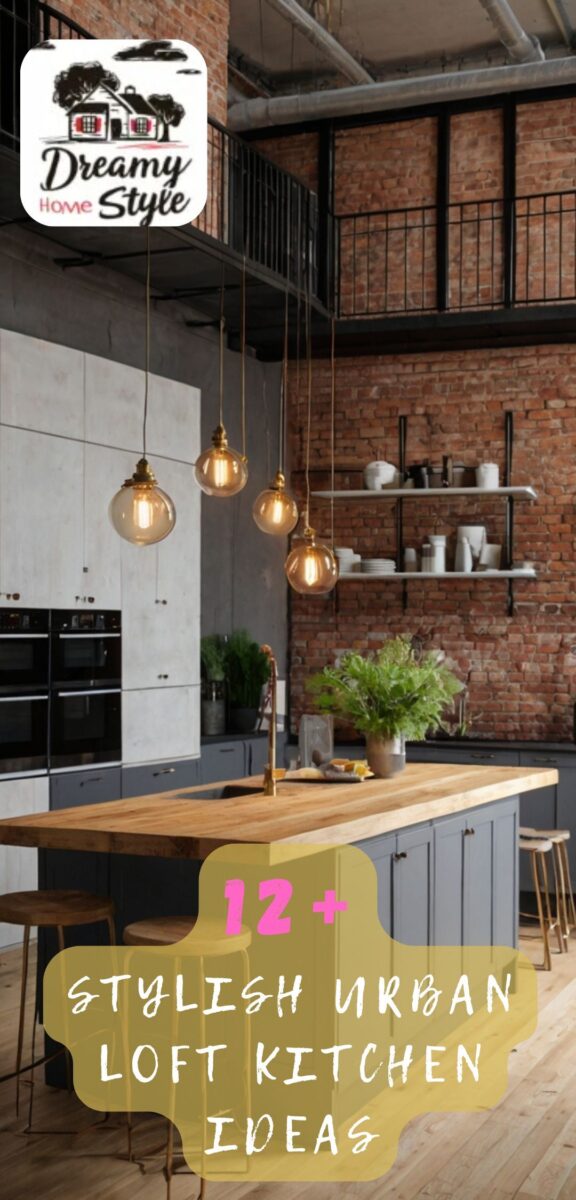 Industrial urban loft kitchen with exposed brick walls, wooden island, gray cabinets, and Edison pendant lights