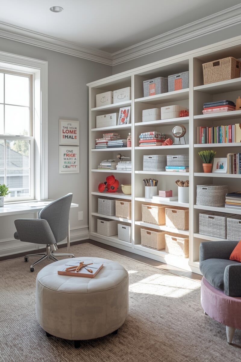 Bright organized home office with white built-in shelving, storage baskets, books, gray chair, and white tufted ottoman