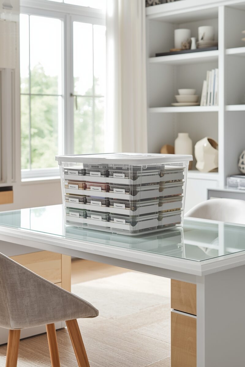 Clear plastic storage container with labeled compartments sitting on a glass-top white desk in a bright home office