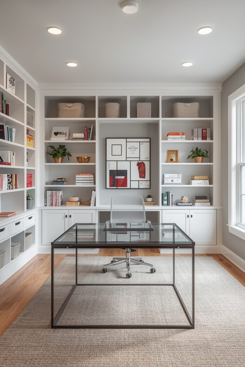 Modern home office with glass-top desk, white built-in bookshelves, gray office chair, and hardwood floors