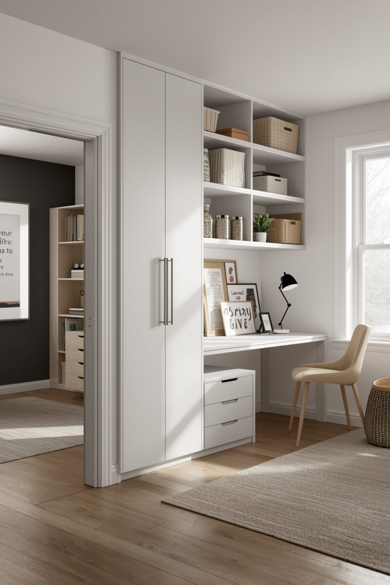 Modern white built-in home office nook with wardrobe, open shelving, desk with drawers, and beige chair