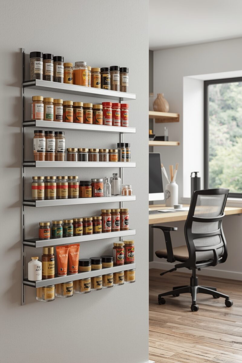 Wall-mounted metal spice rack with 7 shelves holding colorful spice jars next to a modern home office workspace