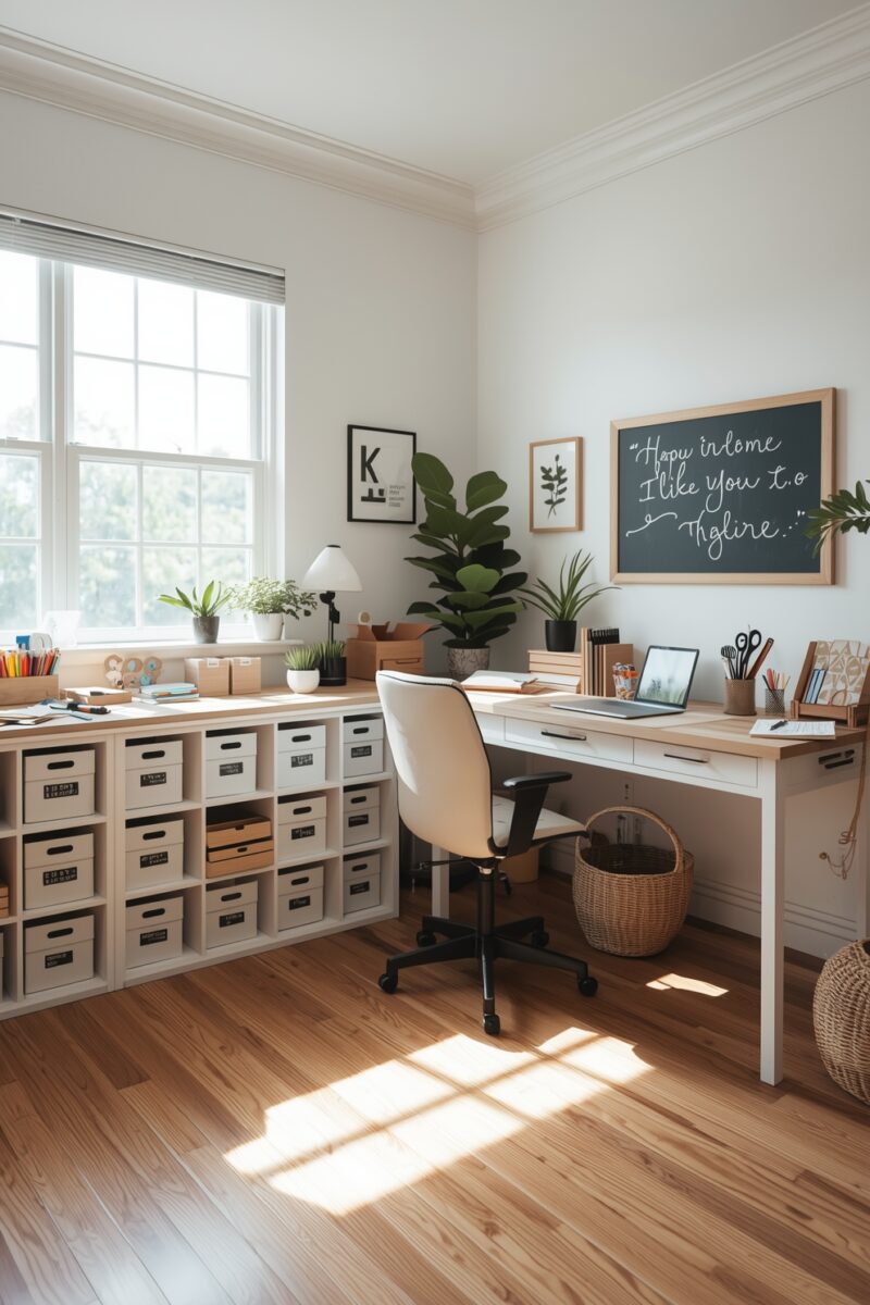 Bright home office with white desk, storage cubbies, plants, chalkboard wall art, and hardwood floors