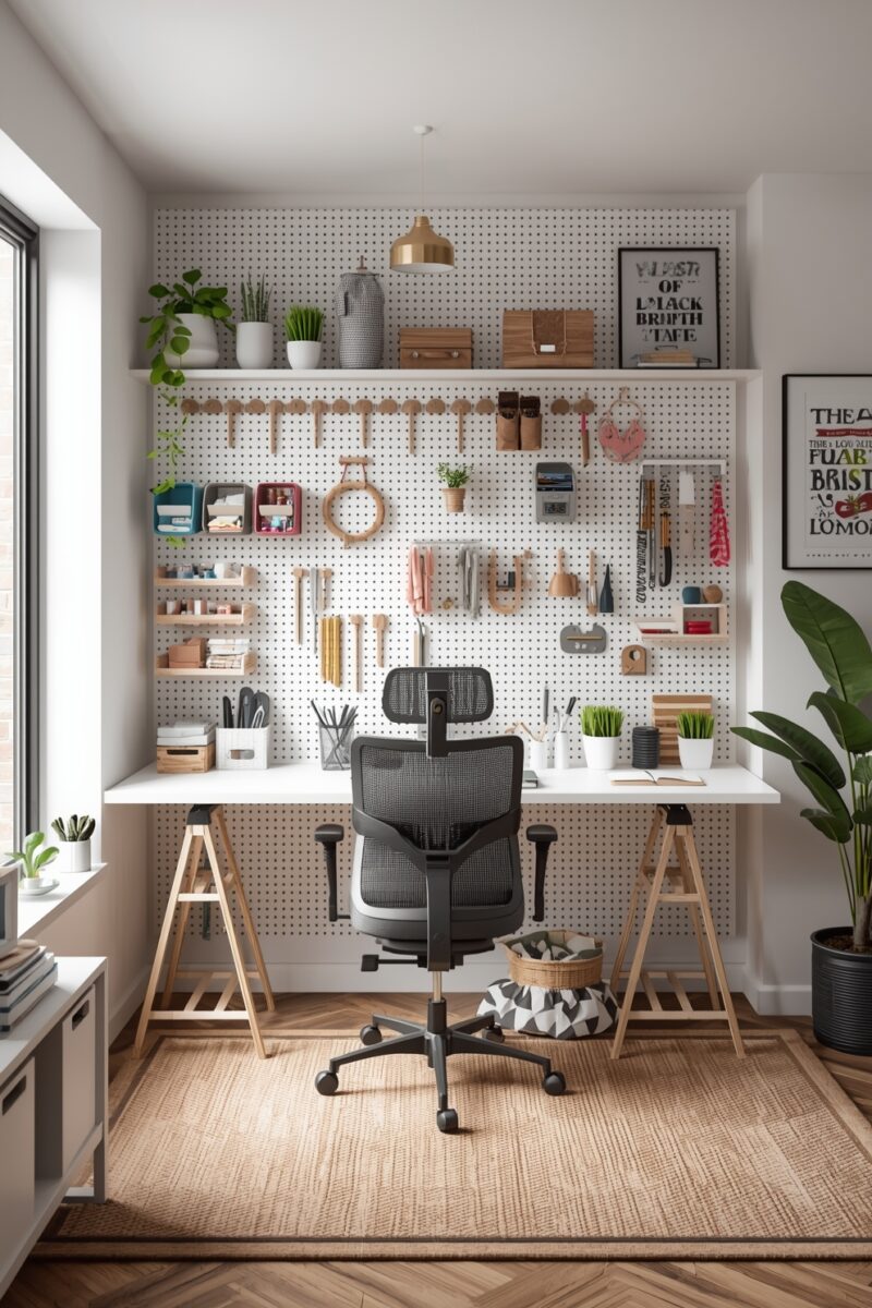 Modern home office with white pegboard wall organizer, ergonomic mesh chair, wooden trestle desk, and plants