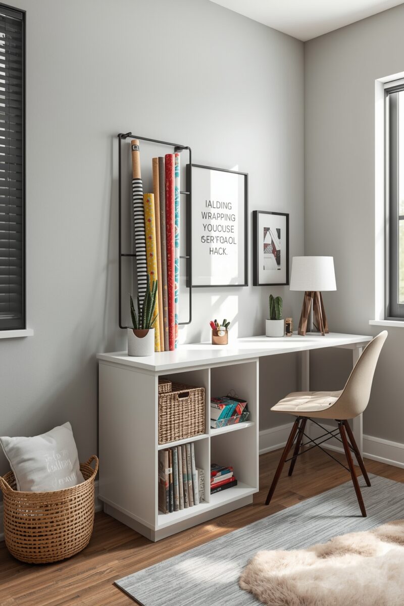 Organized home office corner with white cubby desk, wall-mounted wrapping paper storage rack, wicker baskets, and Eames chair