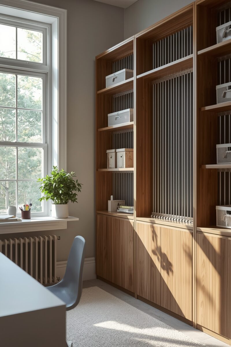 Modern home office with floor-to-ceiling walnut built-in shelving unit, storage boxes, and natural light from large window