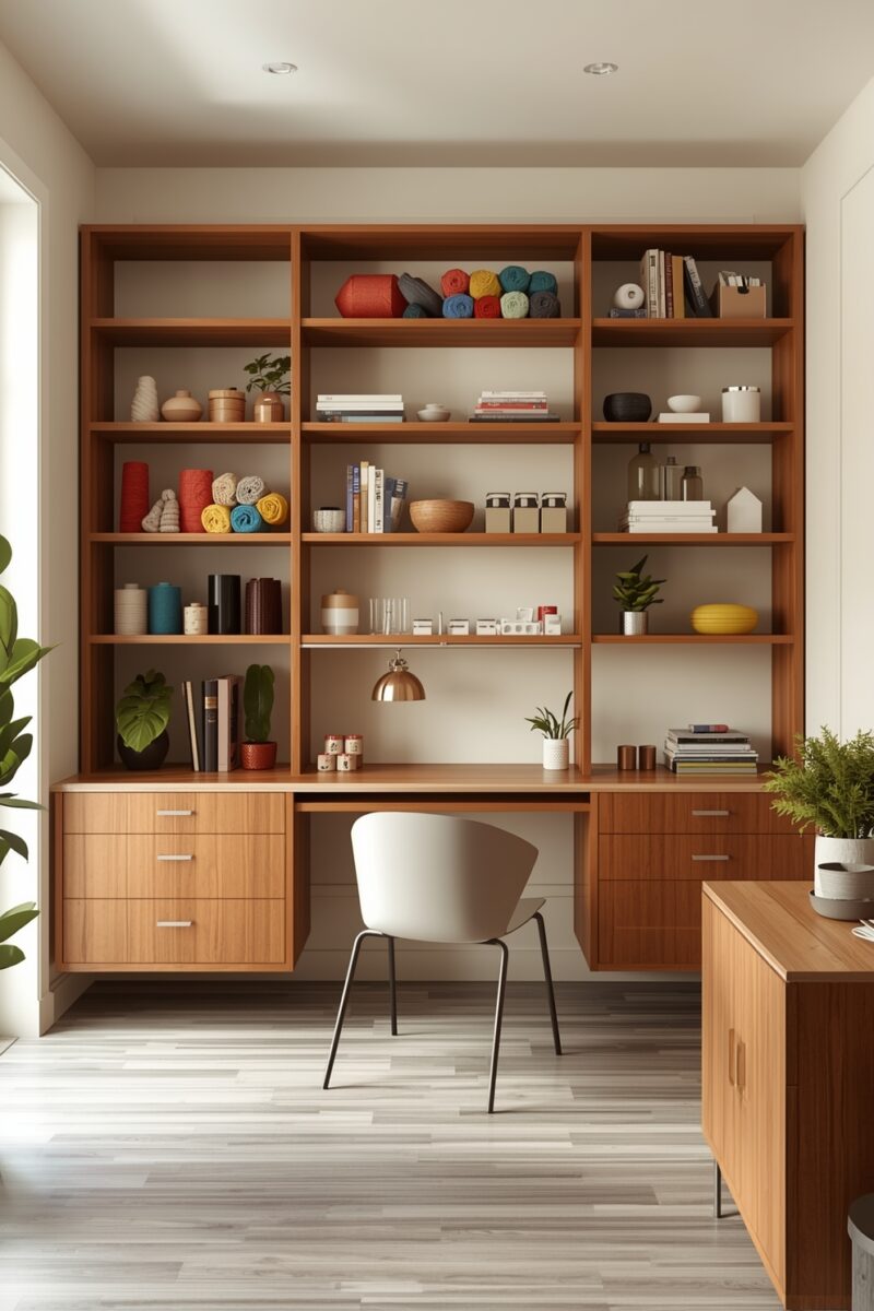 Modern built-in wooden shelving unit with desk, colorful yarn balls, books, plants, and decorative items in a bright home office