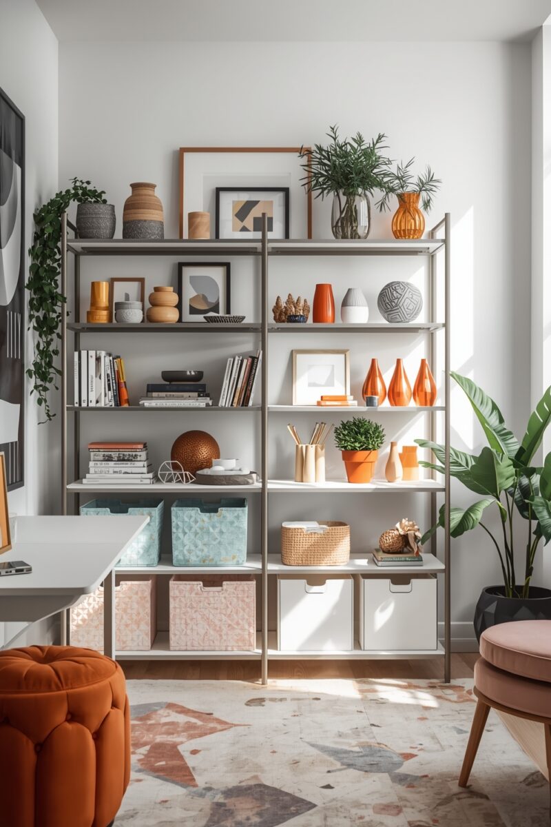 Stylish open metal shelving unit with orange vases, books, plants, framed art, and decorative storage boxes in a modern home office