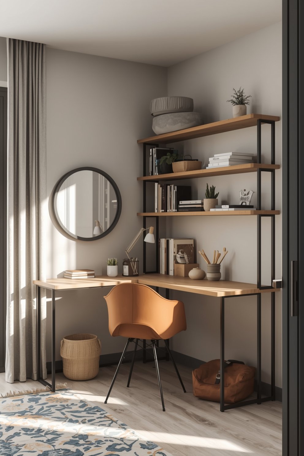 Modern home office corner with wooden desk, orange chair, metal shelving unit, round mirror, and natural light