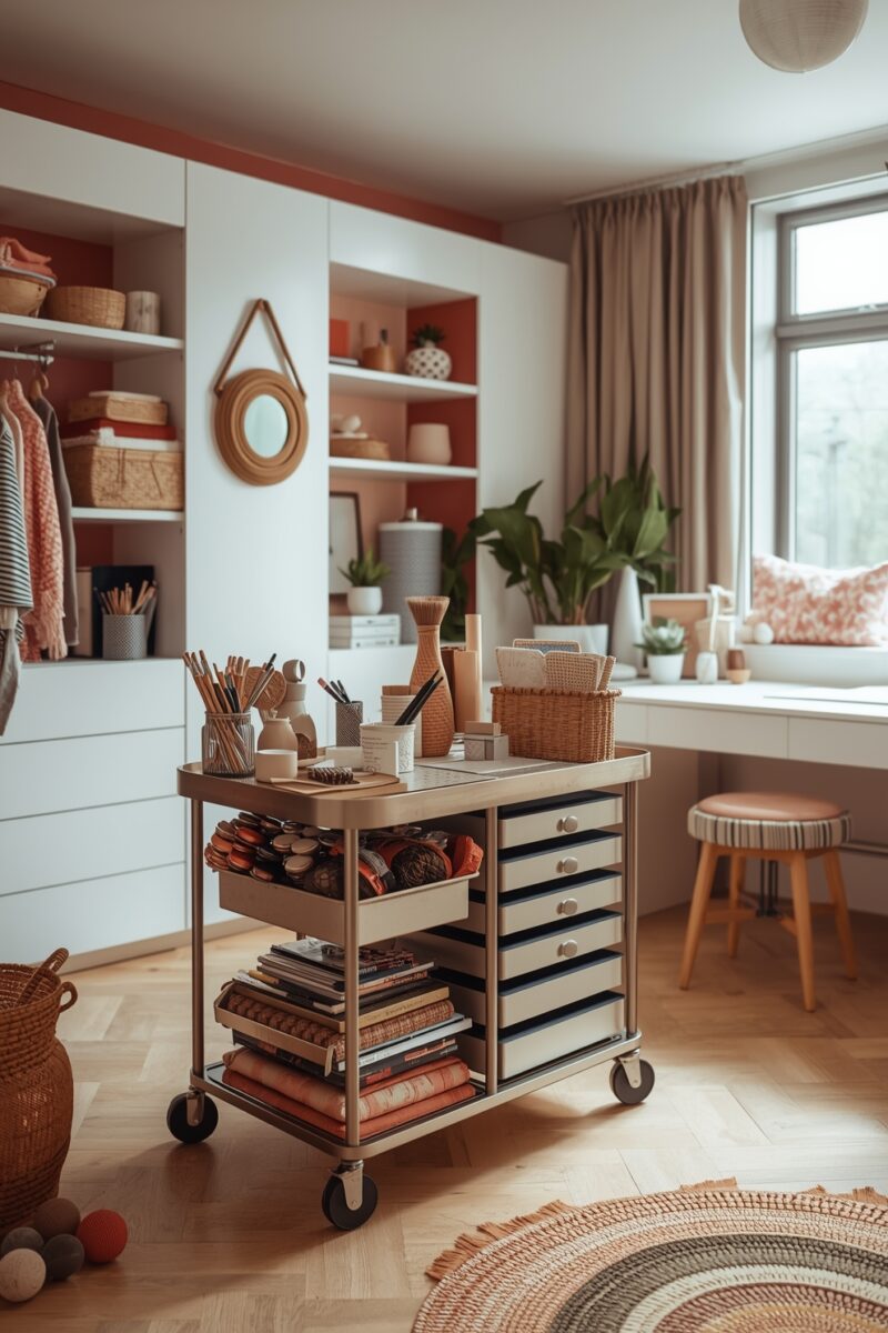 Organized craft room with rolling utility cart holding art supplies, books, and drawers, beside built-in white shelving