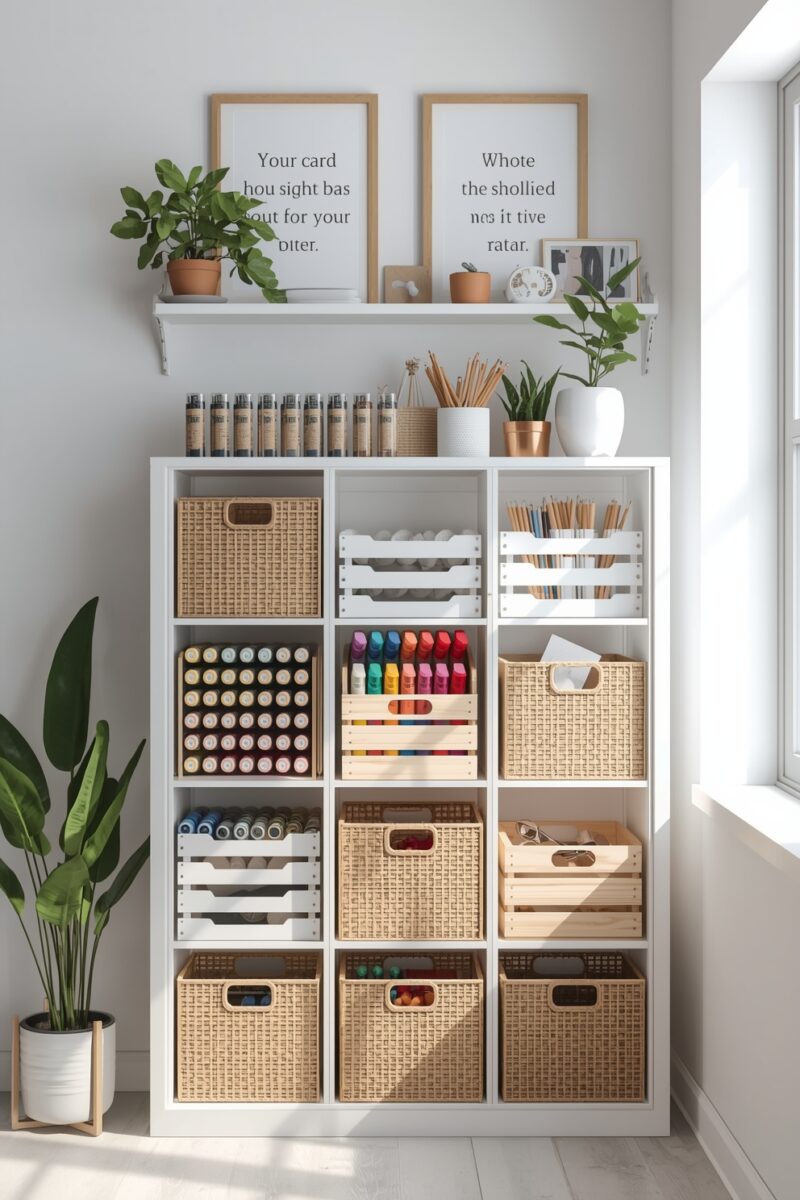 White 9-cube shelf organizer with wicker baskets, wooden crates, art supplies, and potted plants in a bright room