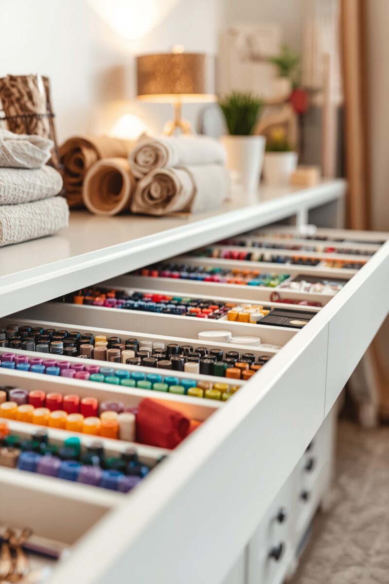 Organized white craft drawer filled with colorful markers and art supplies arranged in neat rows with dividers