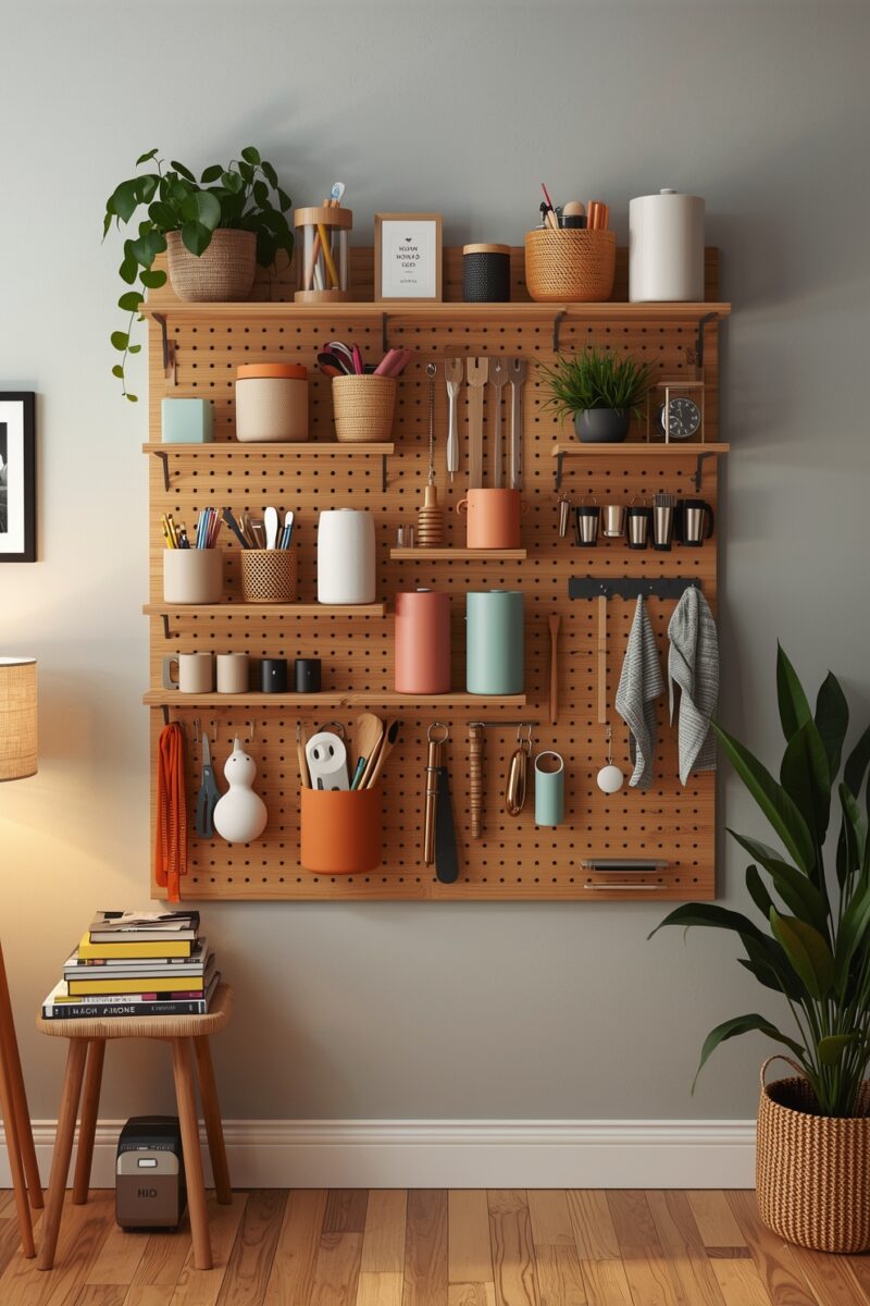 Wooden pegboard wall organizer with shelves, hooks, containers, plants, and tools in a modern home workspace