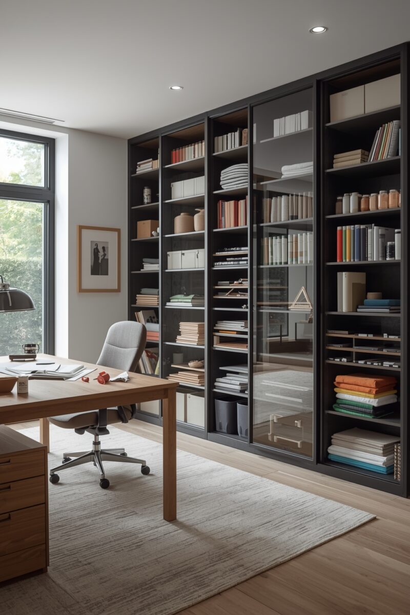 Modern home office with floor-to-ceiling glass-door bookshelf, wooden desk, and gray office chair