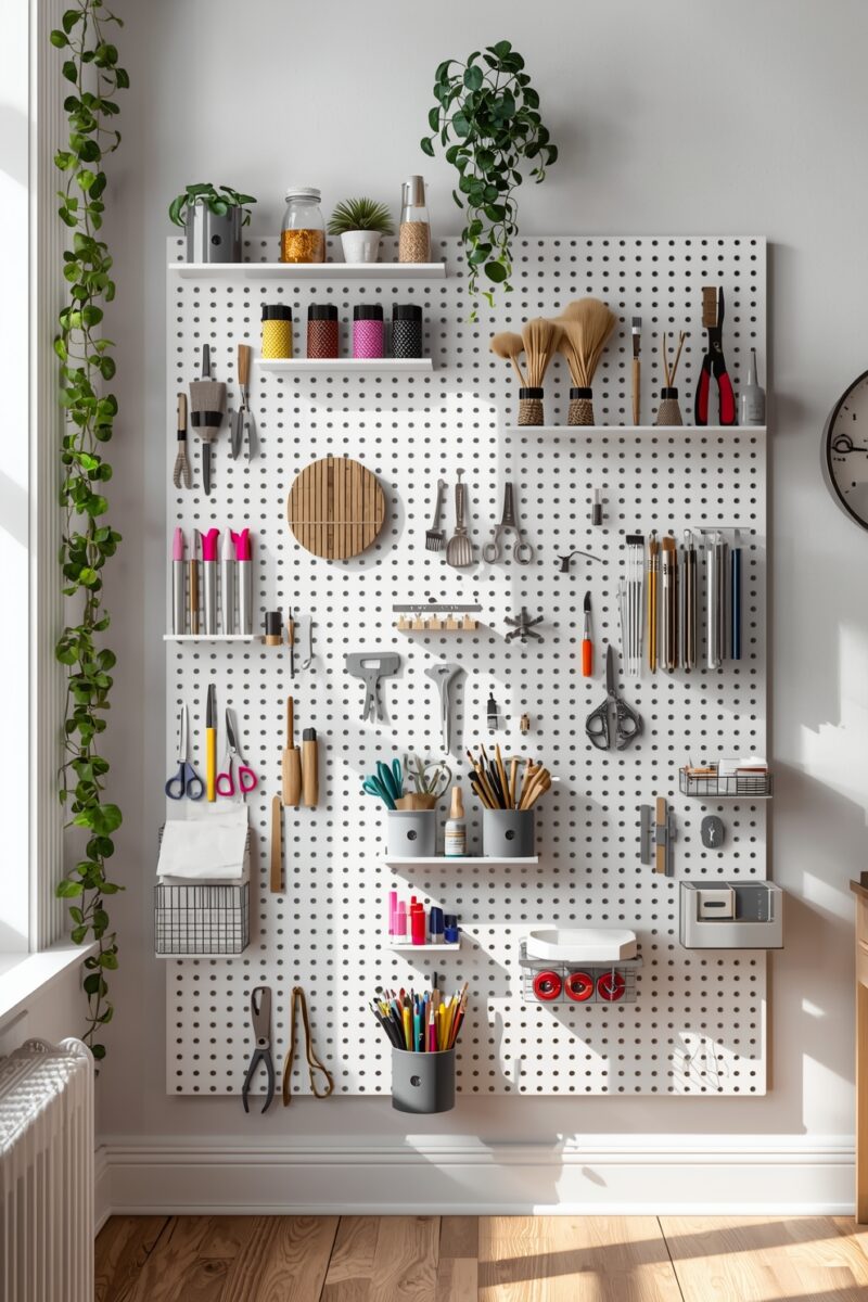 White pegboard wall organizer with hooks, shelves, tools, scissors, pencils, and plants in a bright room