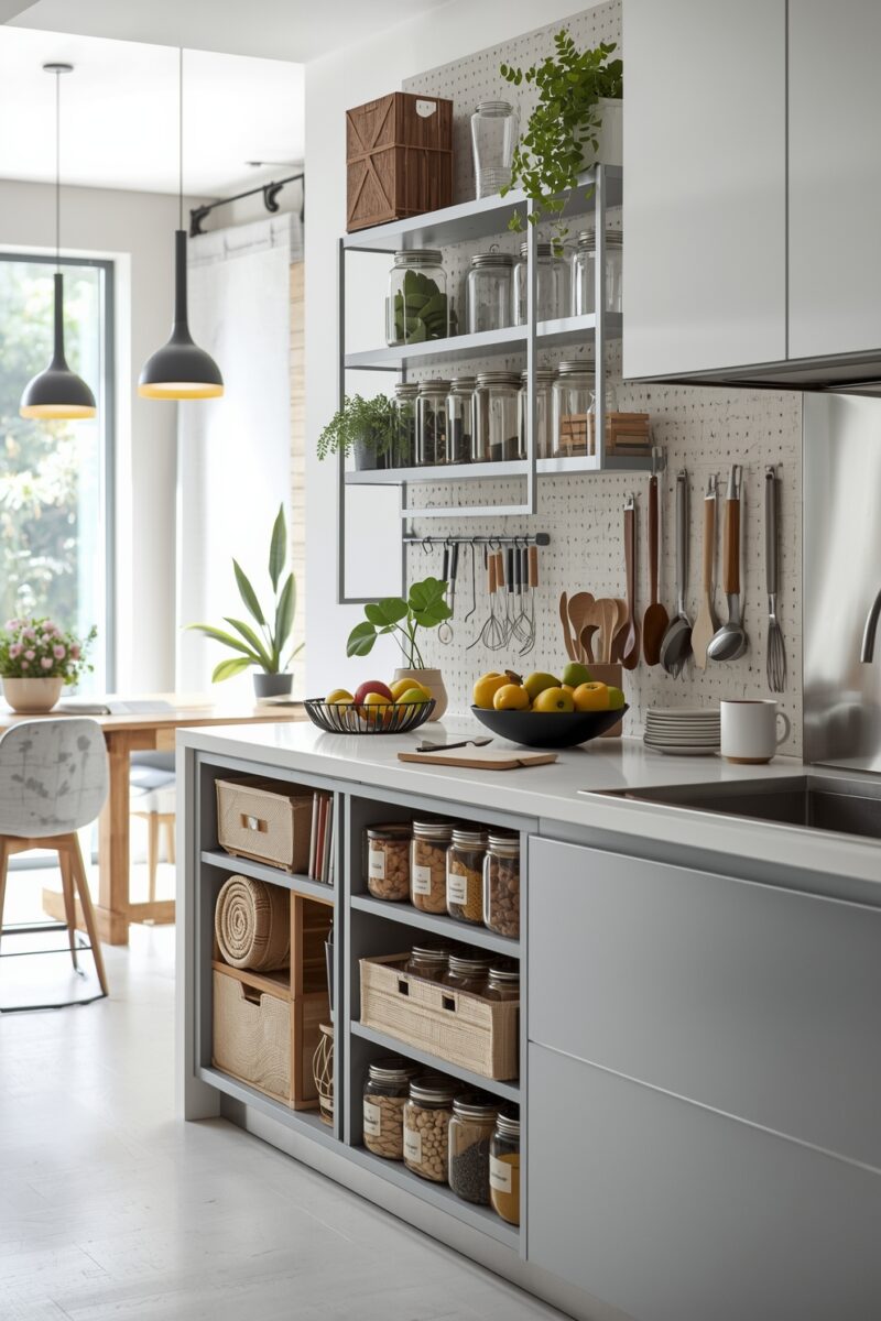 Modern organized kitchen with open shelving, pegboard utensil storage, glass jars, wicker baskets, and fresh fruit on countertop