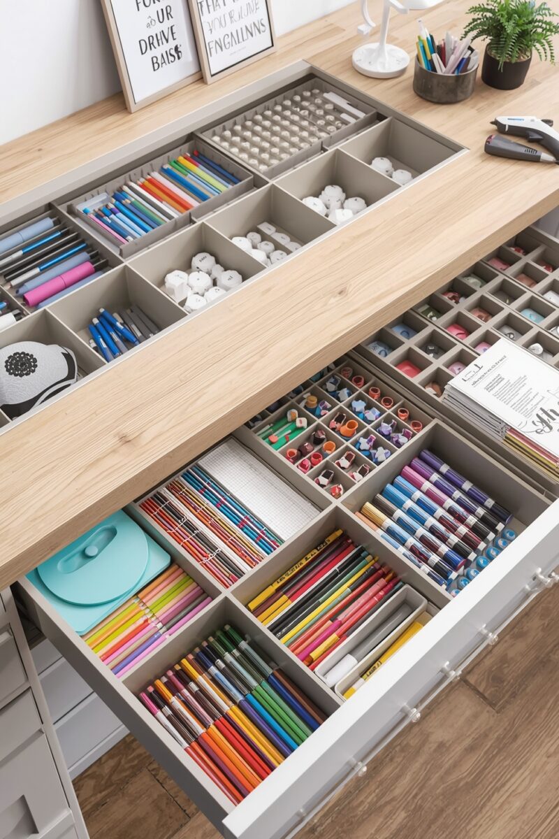 Organized desk drawers with color-sorted markers, colored pencils, pens, and craft supplies in grid dividers
