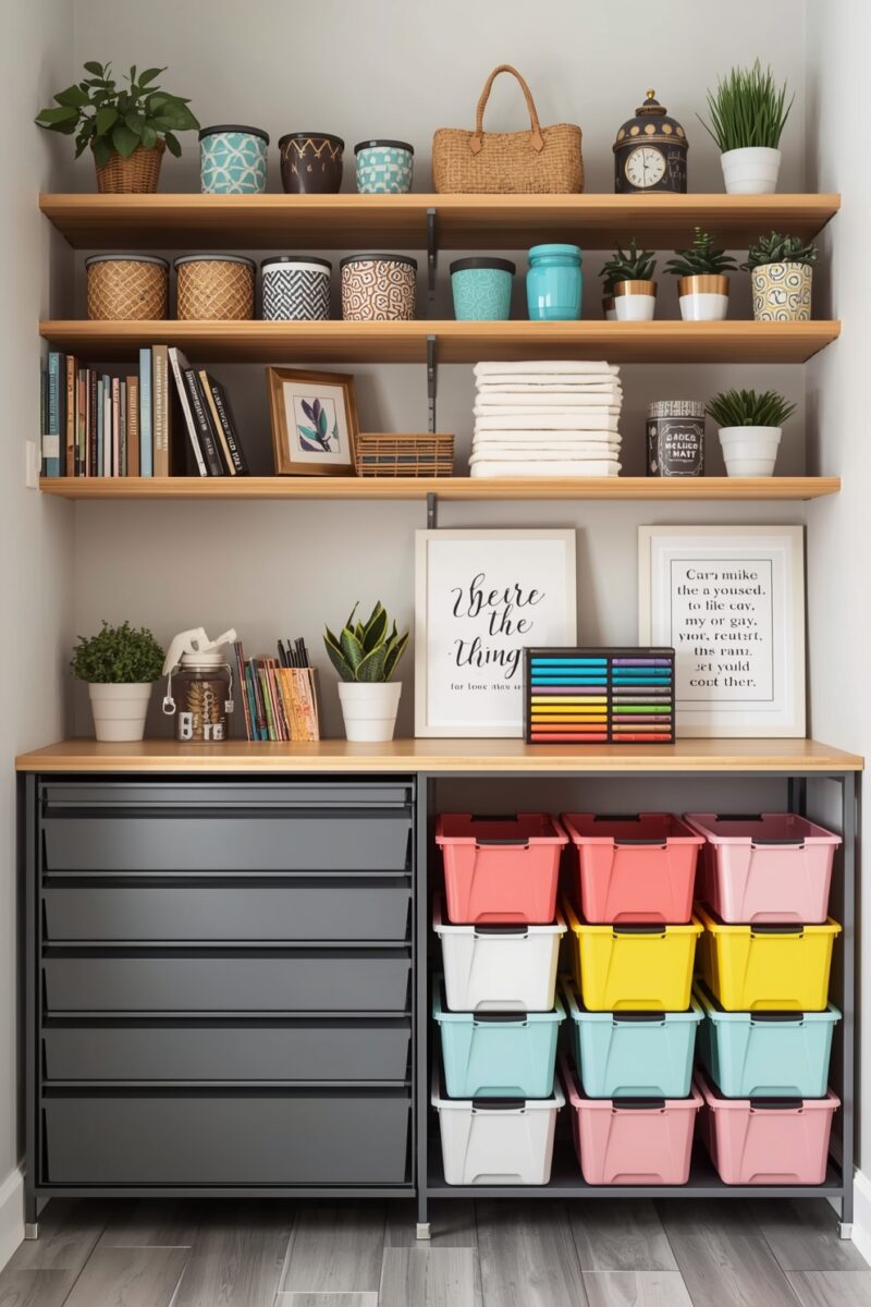 Organized craft room with wooden floating shelves, colorful storage bins, gray drawers, plants, and decorative items