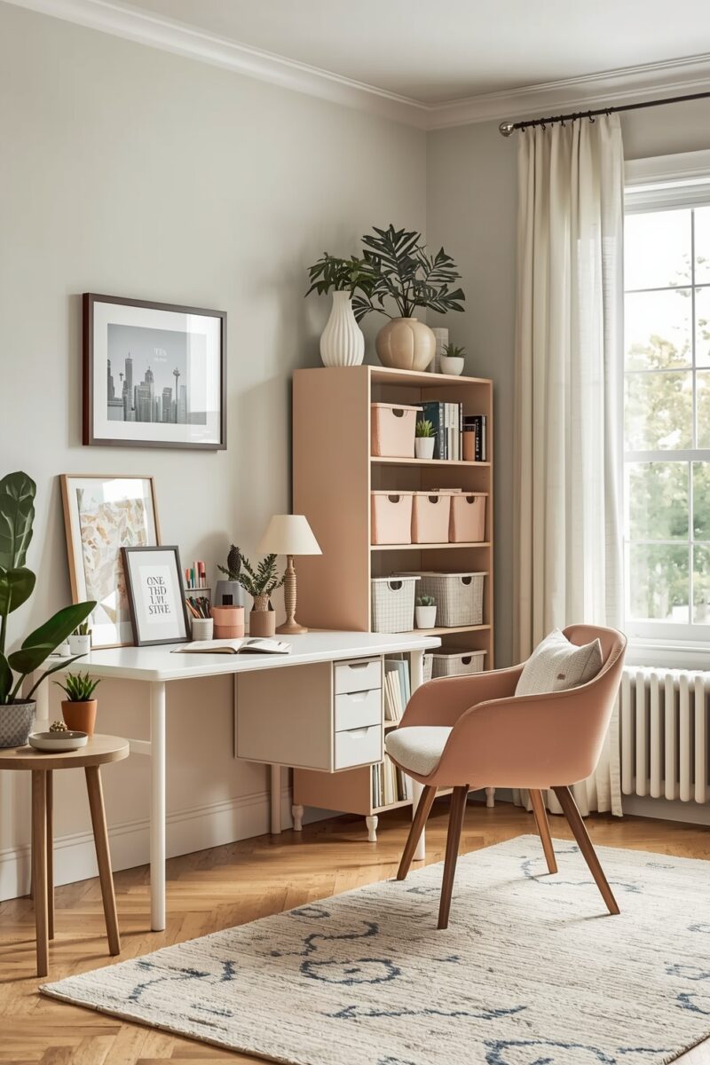 Scandinavian-style home office with white desk, pink chair, blush bookshelf, plants, and natural light from large window
