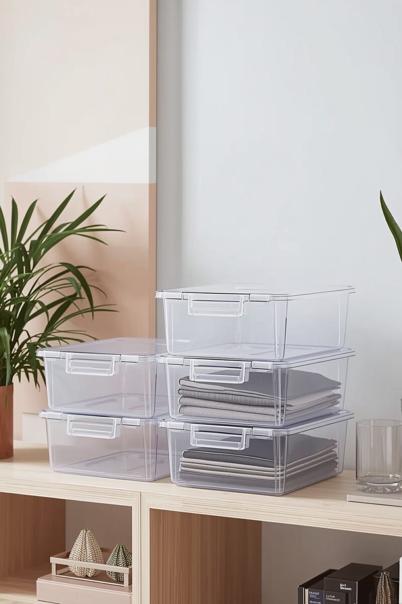 Five clear plastic stackable storage boxes with lids on a wooden shelf, some containing folded gray clothing