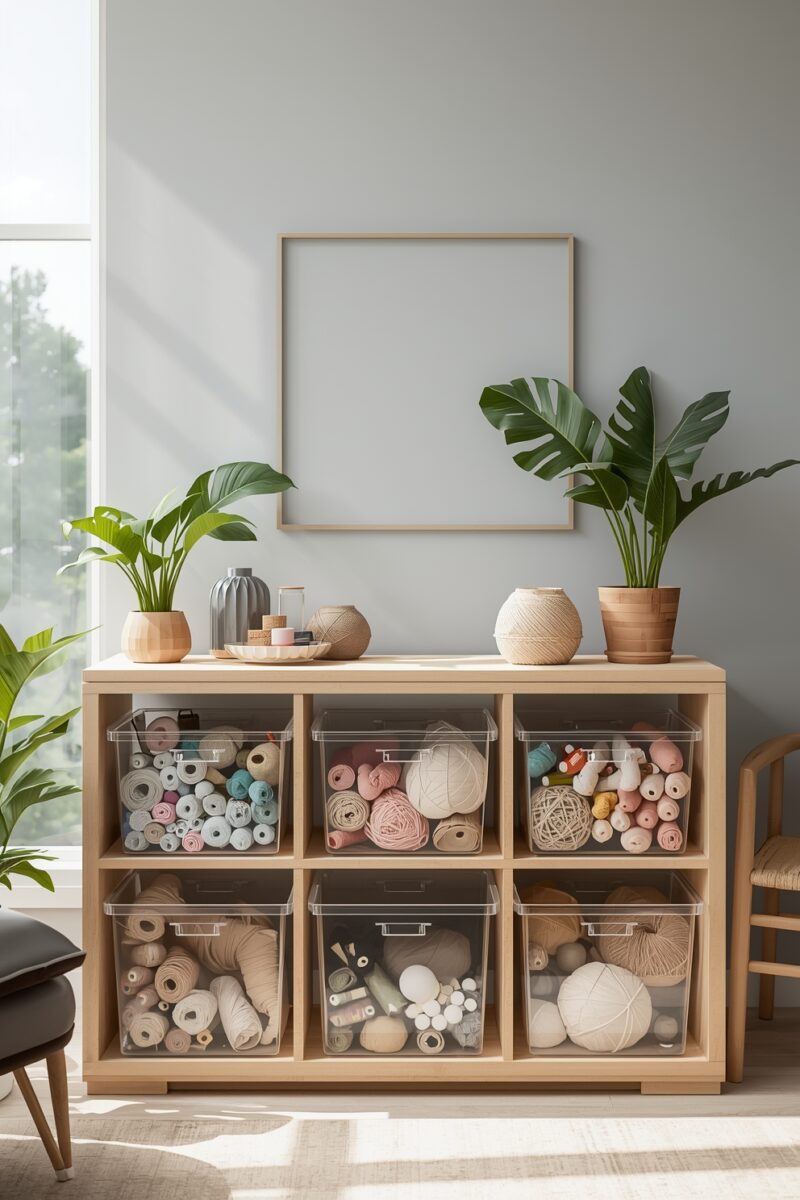 Light wood shelving unit with 6 clear storage bins filled with yarn, thread, and craft supplies, flanked by tropical plants