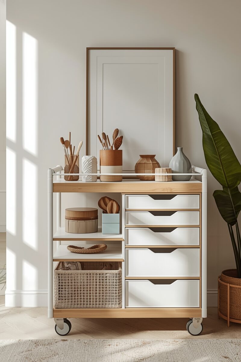 White and wood rolling storage cart with drawers, open shelves, wicker basket, wooden vases, and art supplies in a bright minimalist room