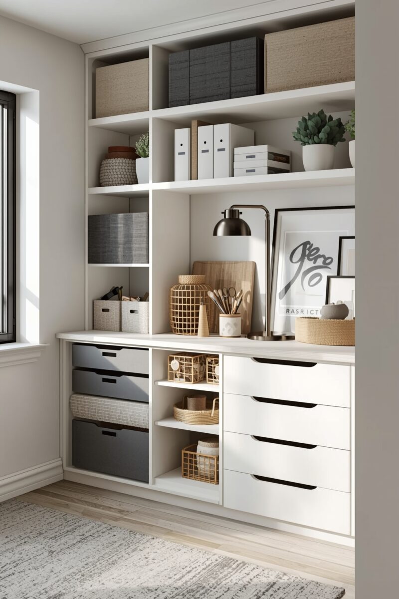 Modern white built-in shelving unit with organized storage boxes, drawers, baskets, desk lamp, and decorative plants