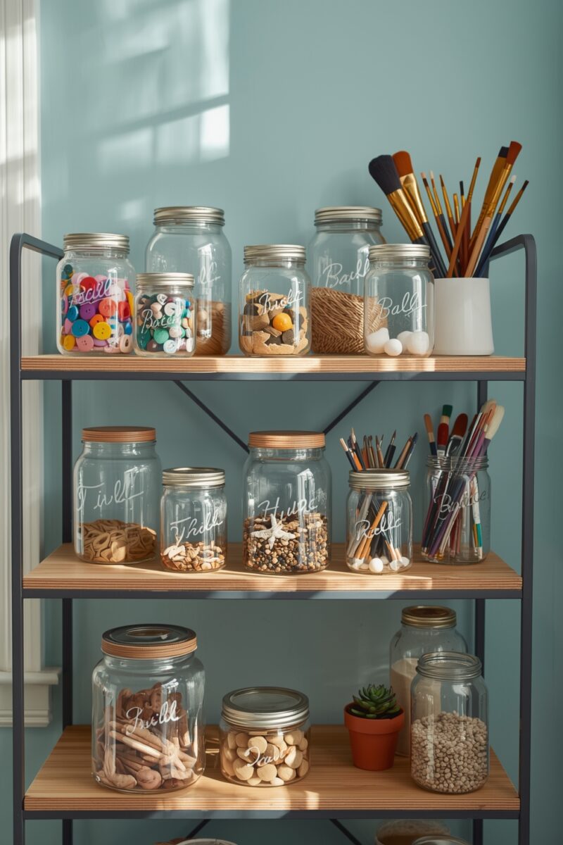Organized craft supply shelf with labeled mason jars containing buttons, twine, shells, pencils, and paintbrushes on wooden shelves
